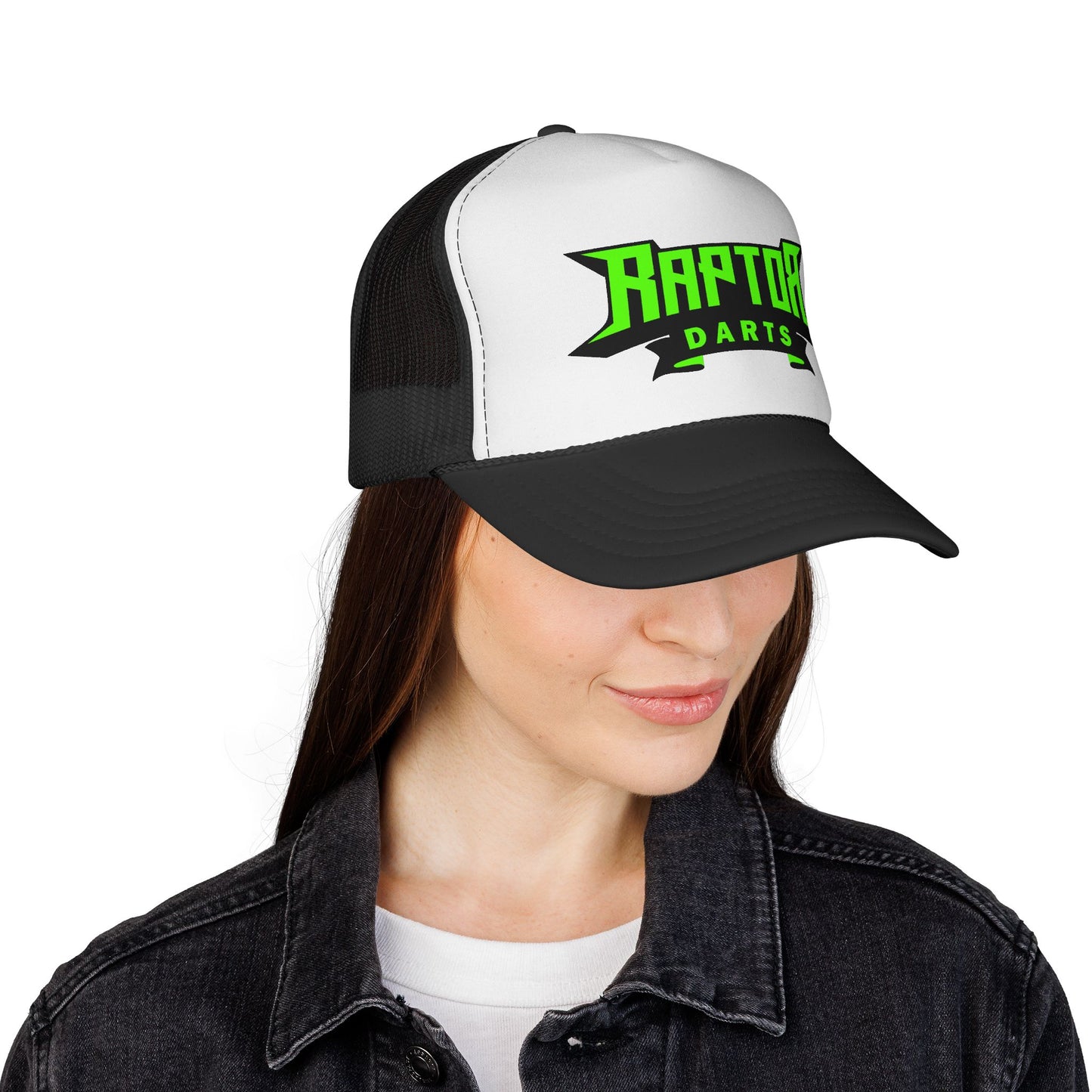 Raptor Darts Trucker Cap — Neon Green Logo Mesh Hat for Dart Players