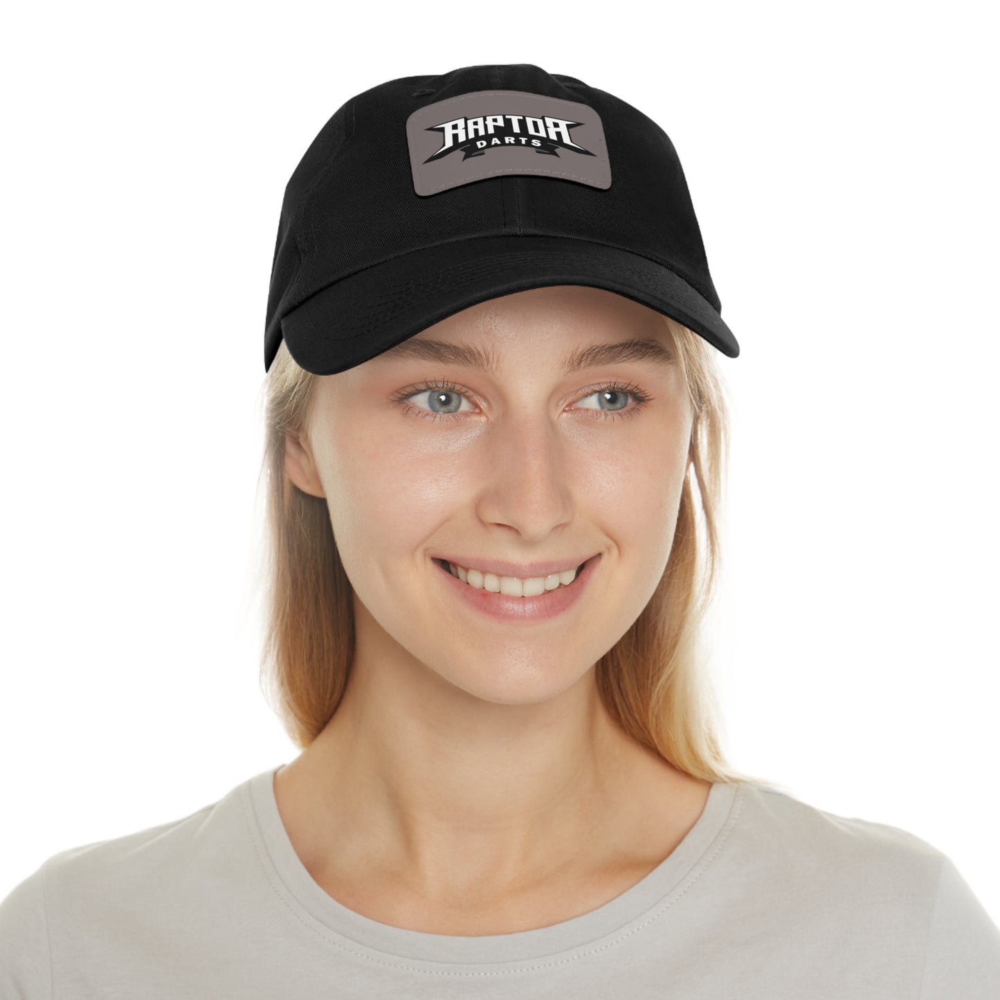 Stylish Dad Hat with Leather Patch Raptor Logo, Casual Headwear, Perfect for Darts Fans, Outdoor Activities, Everyday Wear