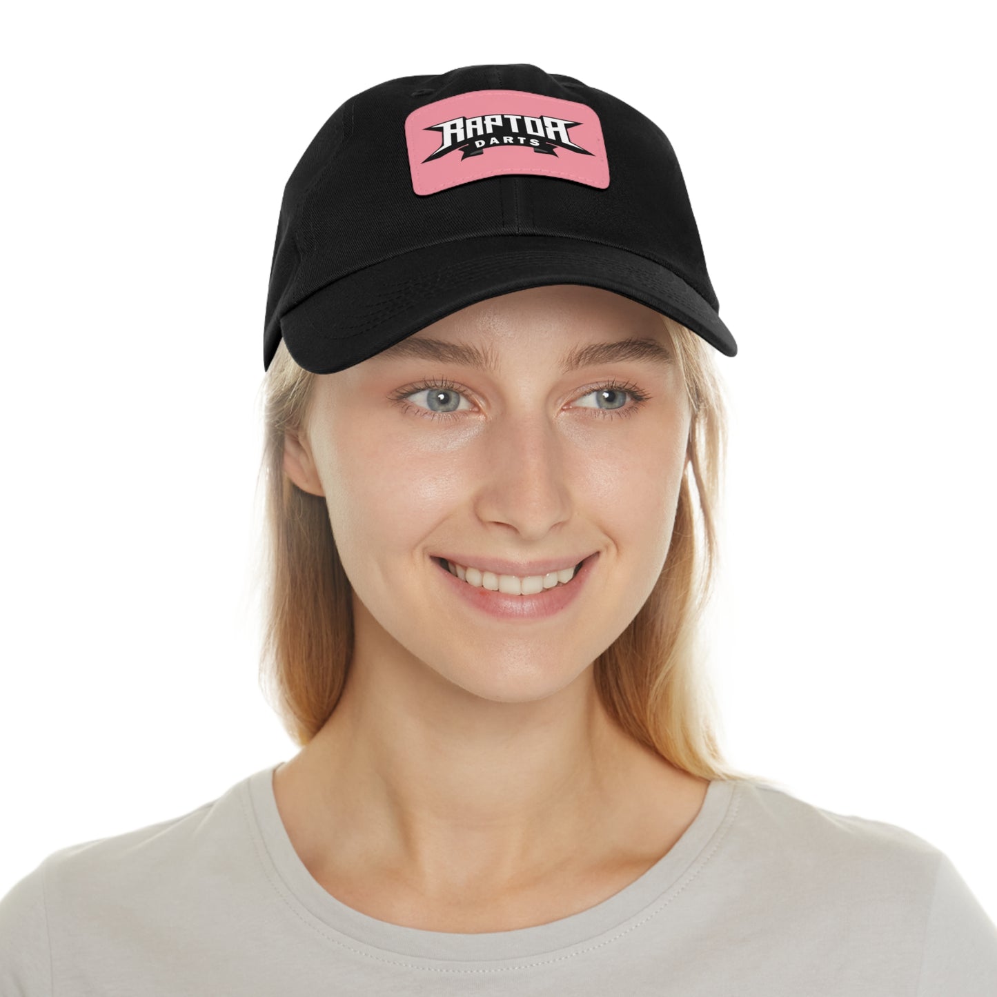 Stylish Dad Hat with Leather Patch Raptor Logo, Casual Headwear, Perfect for Darts Fans, Outdoor Activities, Everyday Wear