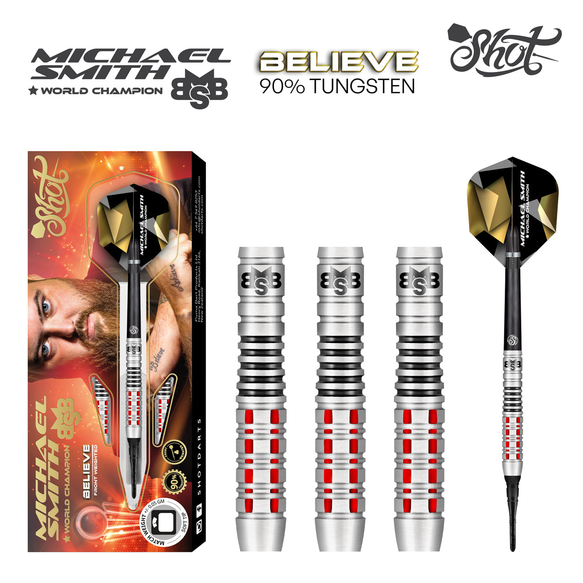Shot Michael Smith Believe Soft Tip Darts -18gm