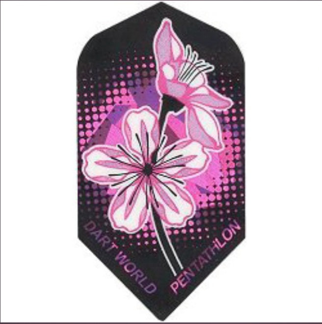 PENTATHLON DART FLIGHTS - SLIM BLACK PINK FLOWERS