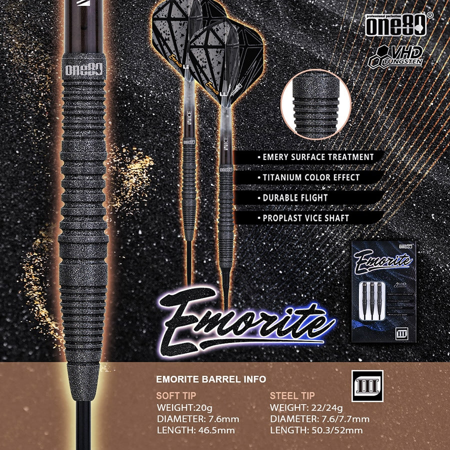 One80 Emorite 03 Darts - Soft Tip - 90% Tungsten - Black